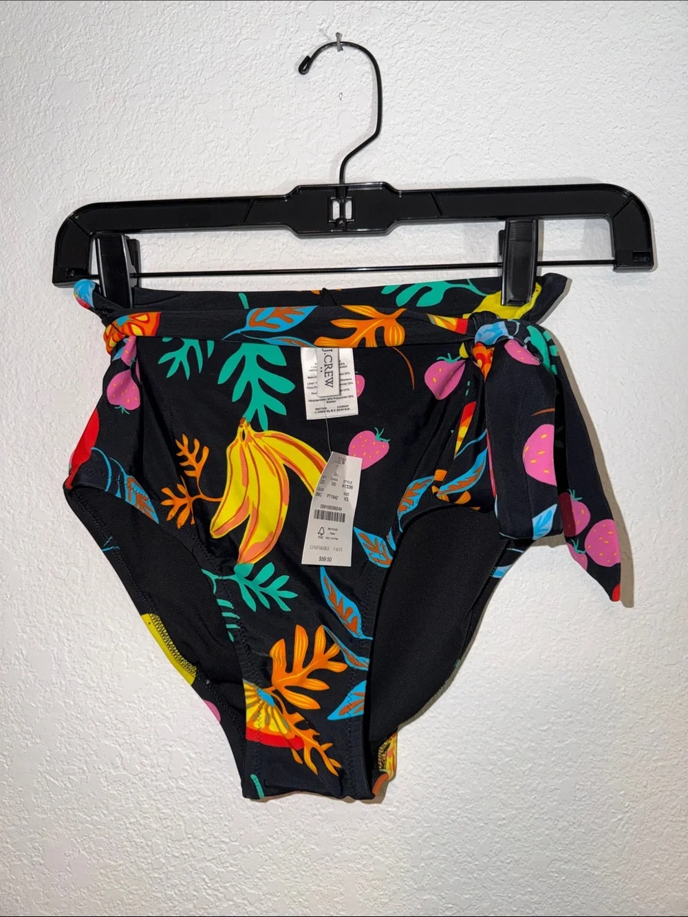 J. Crew Black High-Waist Bikini Bottoms with Multicolor Tropical Fruit Print